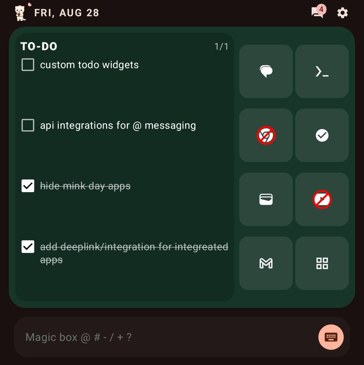 MinkLauncher Home showing reminders over paused apps