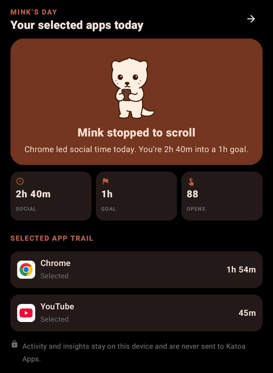 Mink’s Day showing selected app time, a daily goal, and apps used today