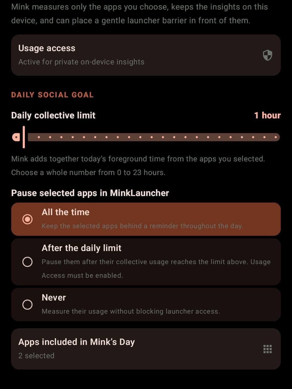 Mink’s Day settings for a collective daily limit
